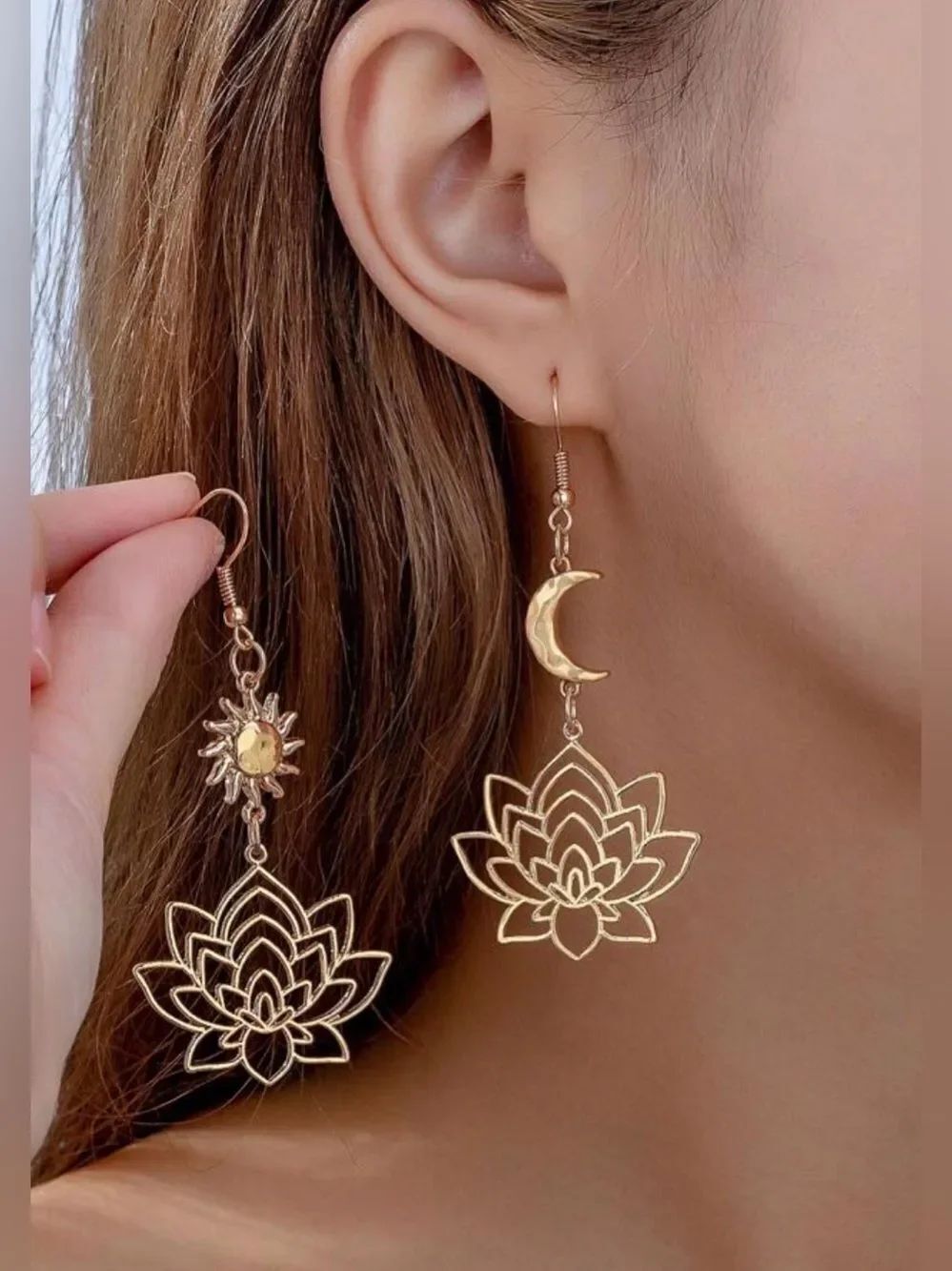 Gold Lotus Moon & Sun Dangle Earrings A2090
